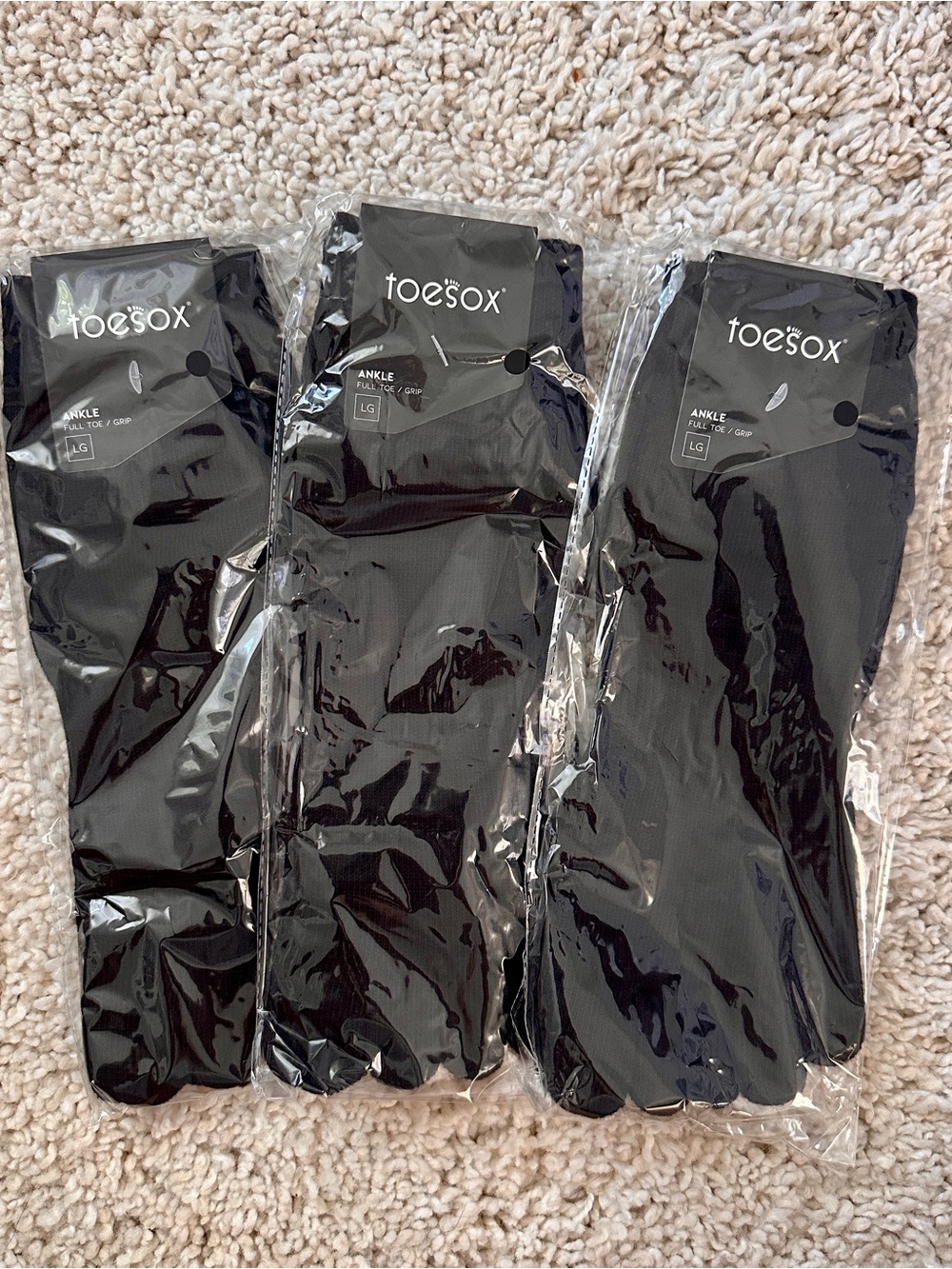 TOESOX (3 pairs) Full Toe Grip Pilates Socks Ankle Length - L